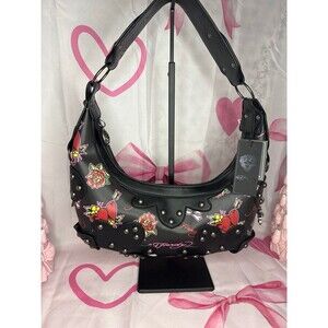 Ed Hardy Black Shoulder Bag- Studs Red Hearta and Roses Tattoo Print Handbag